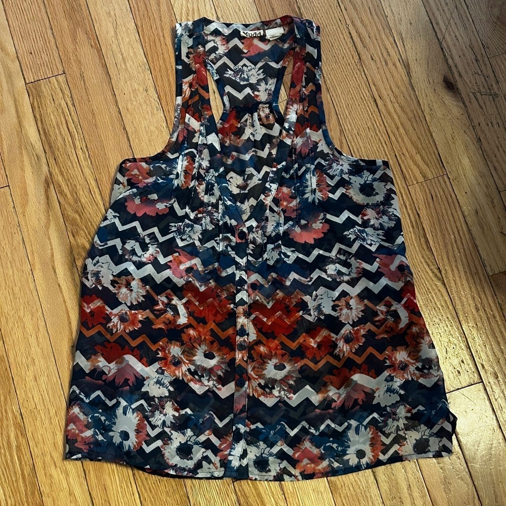 Mudd Sleeveless Button Down Sheer Blouse Y2K Floral Print Size‎ Small T41-30